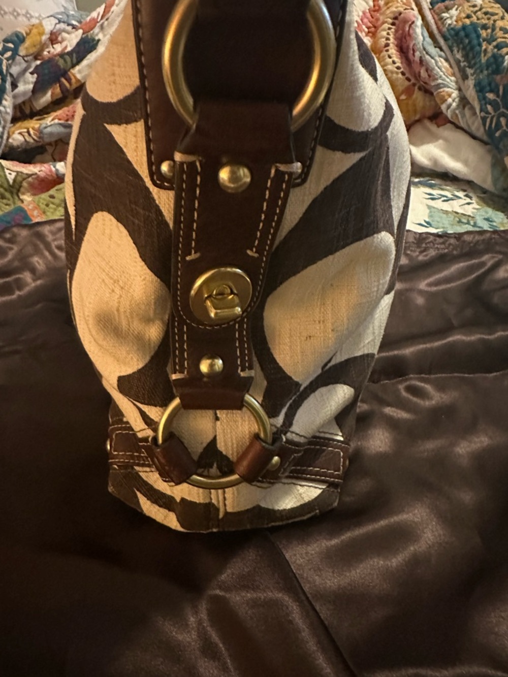 Vintage Coach Carly LARGE Beige and Brown Leather Trim Canvas Shoulder Bag Y2K - Picture 7 of 16